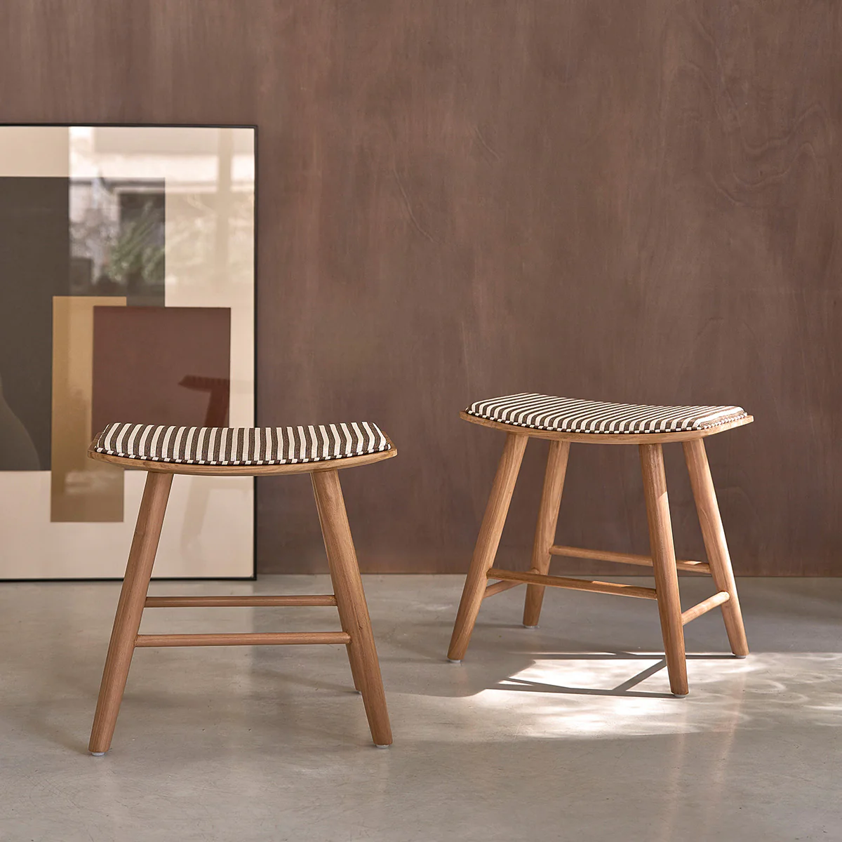 Set di 2 sgabelli da bar in teak massello con seduta a righe 45 cm