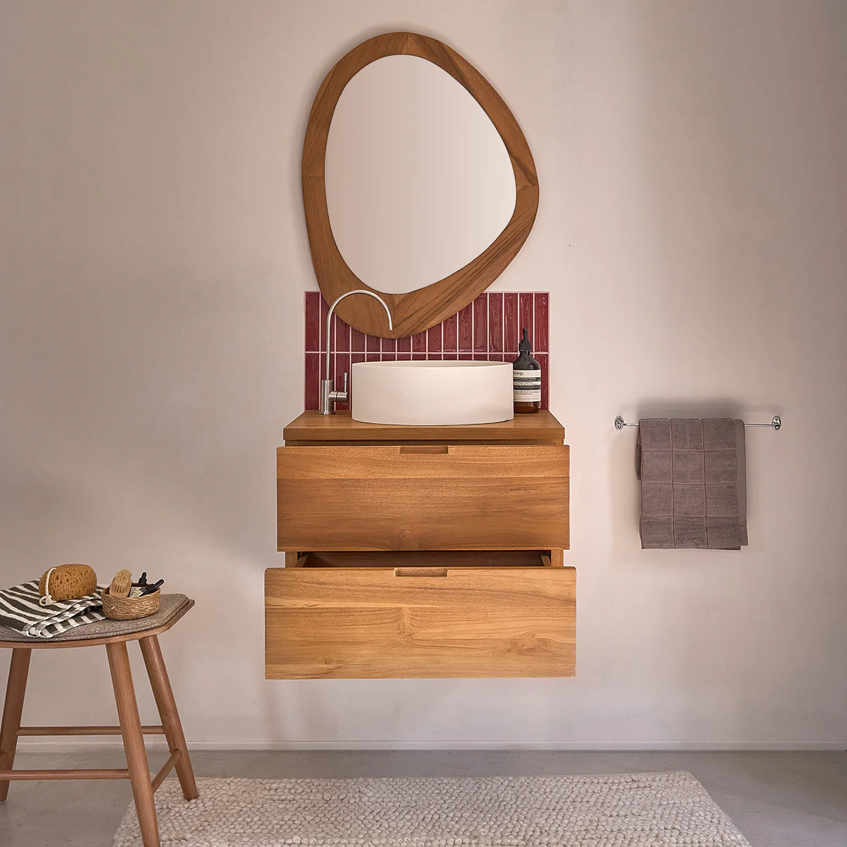 Mobile sottolavabo sospeso in teak massiccio 60 cm - Image 3