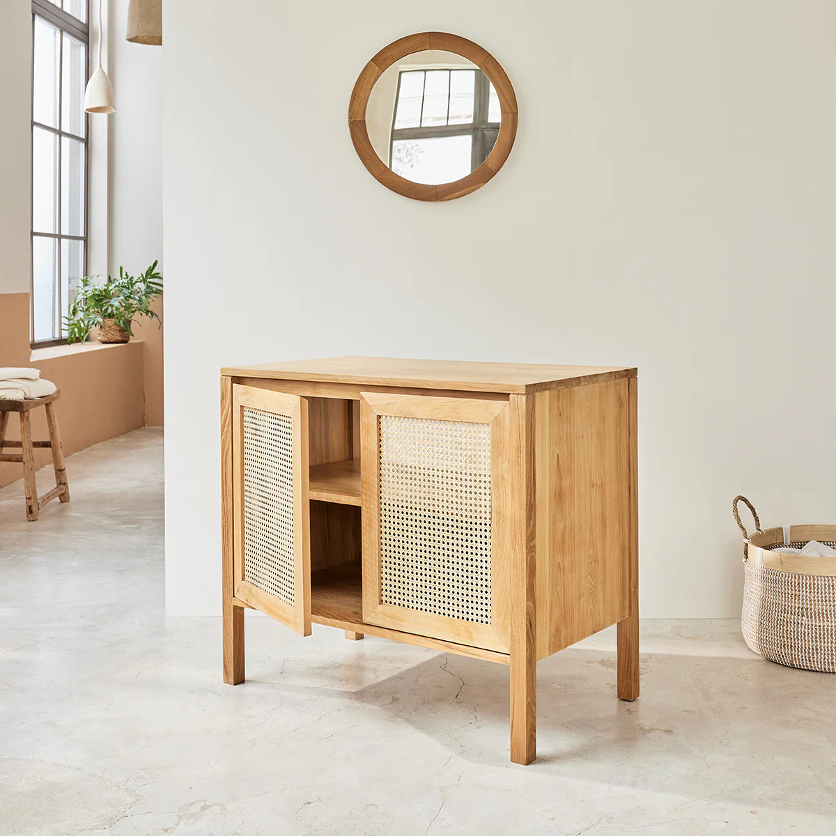 Mobile per lavabo in teak massello e cannage 90 cm - Image 3