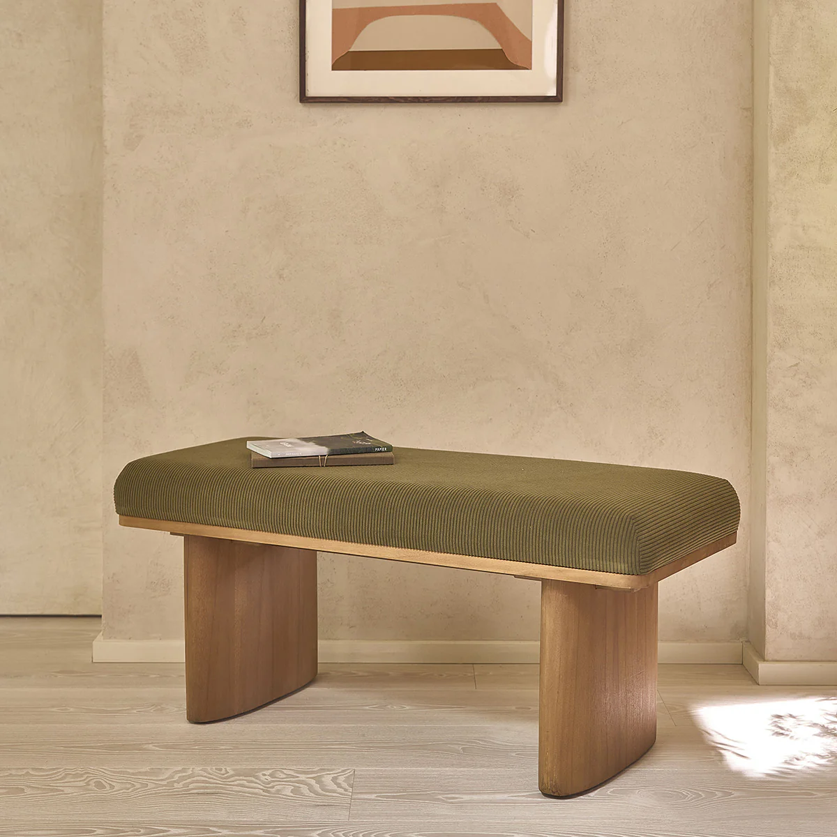Panca in teak massello e velluto a coste verde 100 cm - Image 3