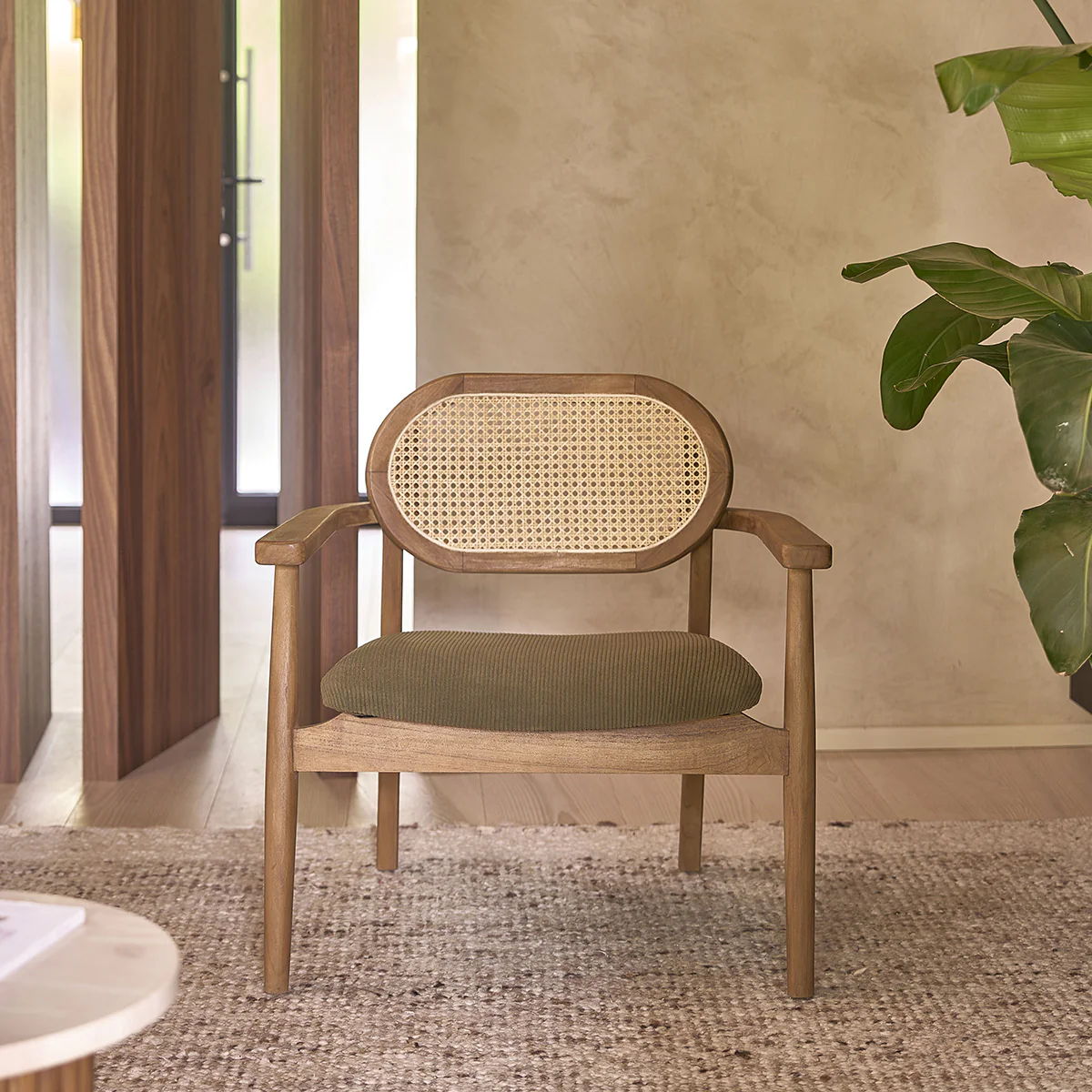 Poltrona in teak massello, cannage e tessuto di velluto a coste color kaki - Image 3
