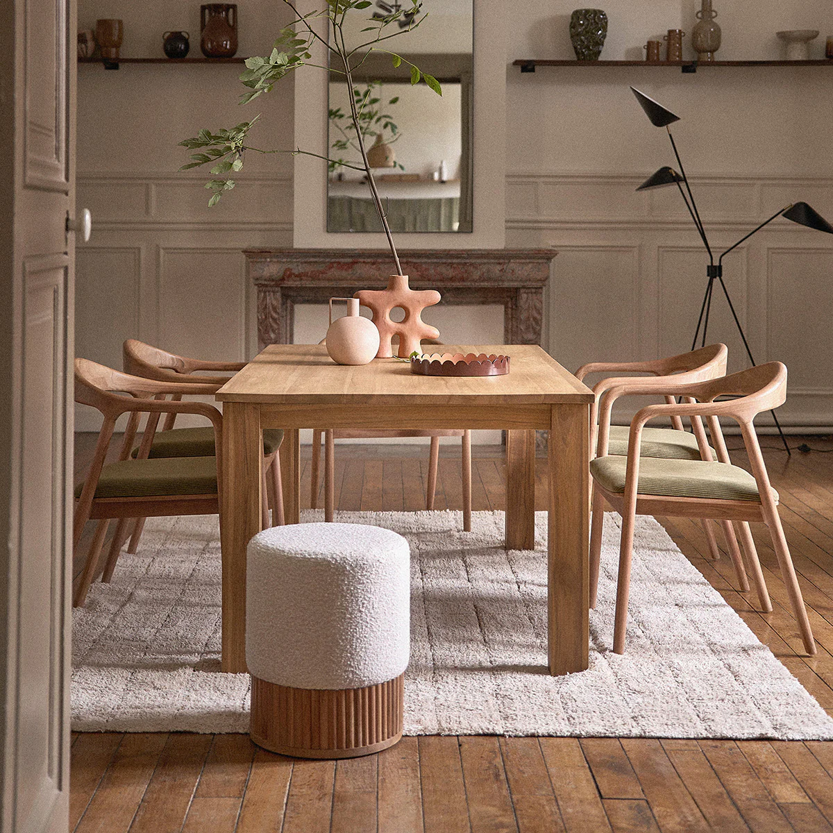Pouf in teak massello e tessuto bouclé bianco Ø38 cm - Image 7