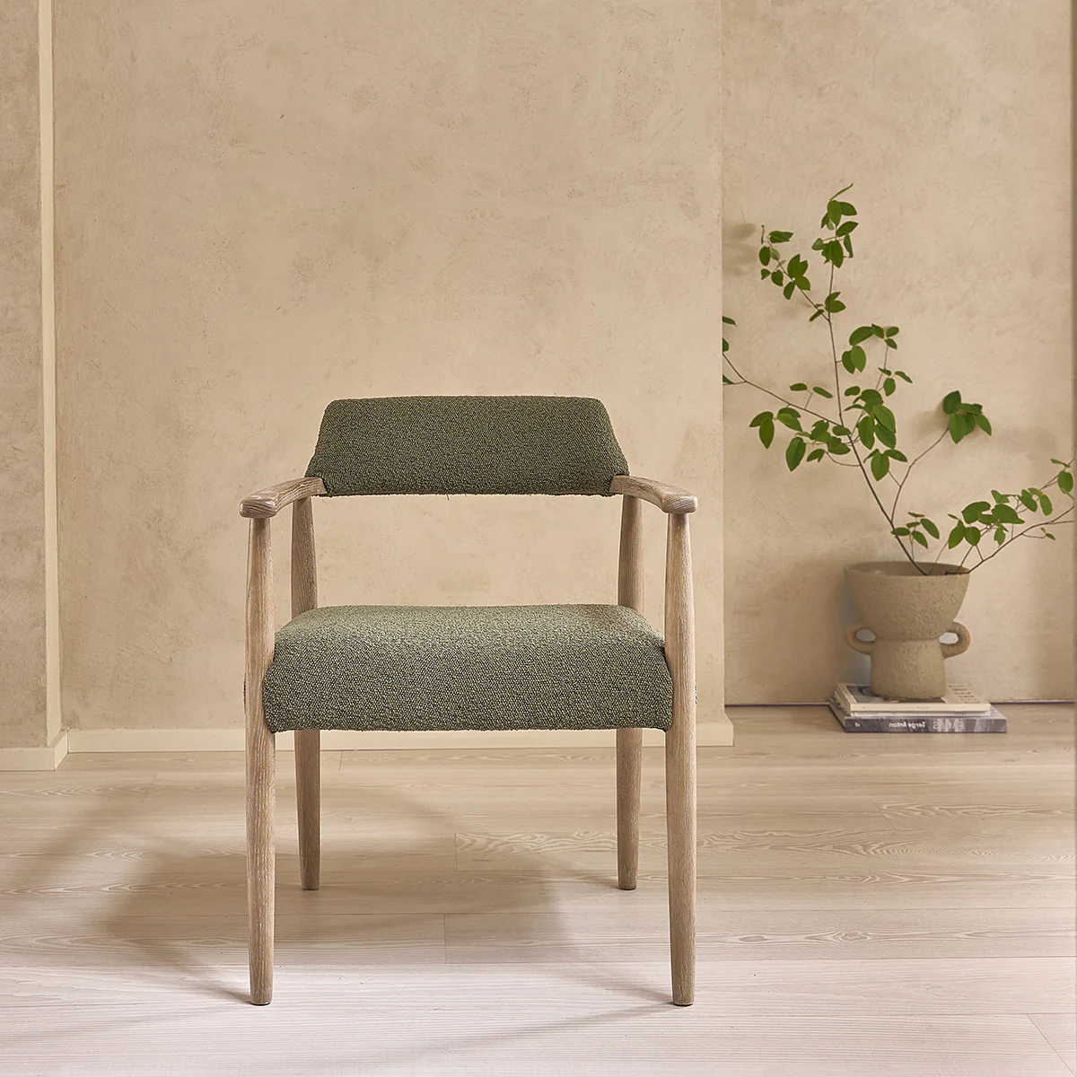 Sedia in rovere e tessuto bouclé kaki - Image 4