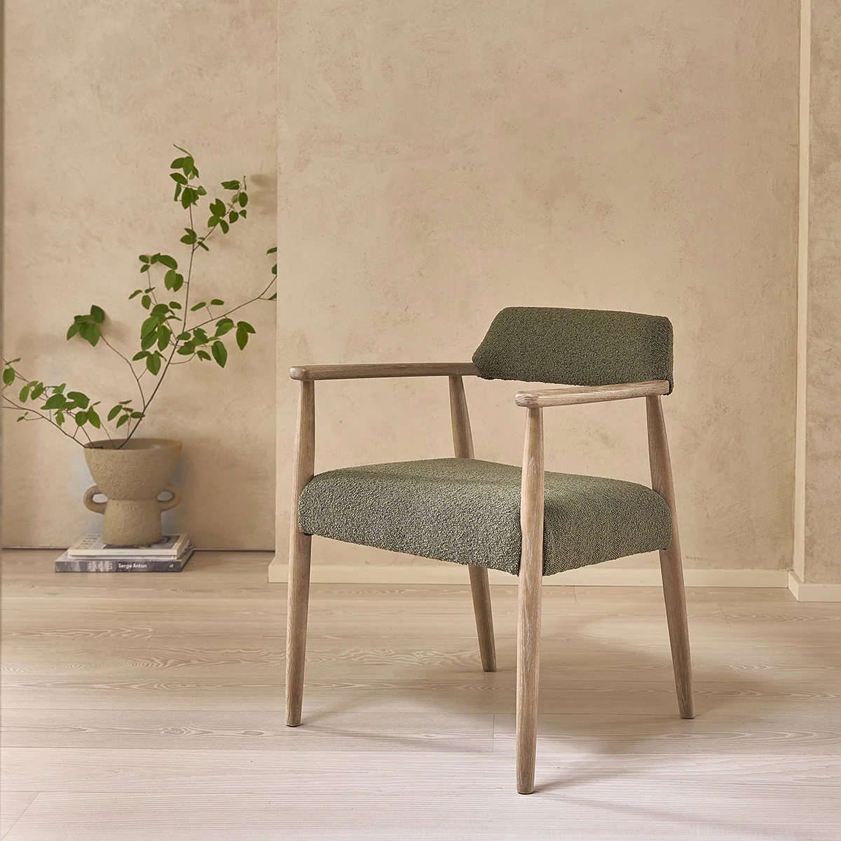 Set di 2 sedie in rovere e tessuto bouclé kaki - Image 3