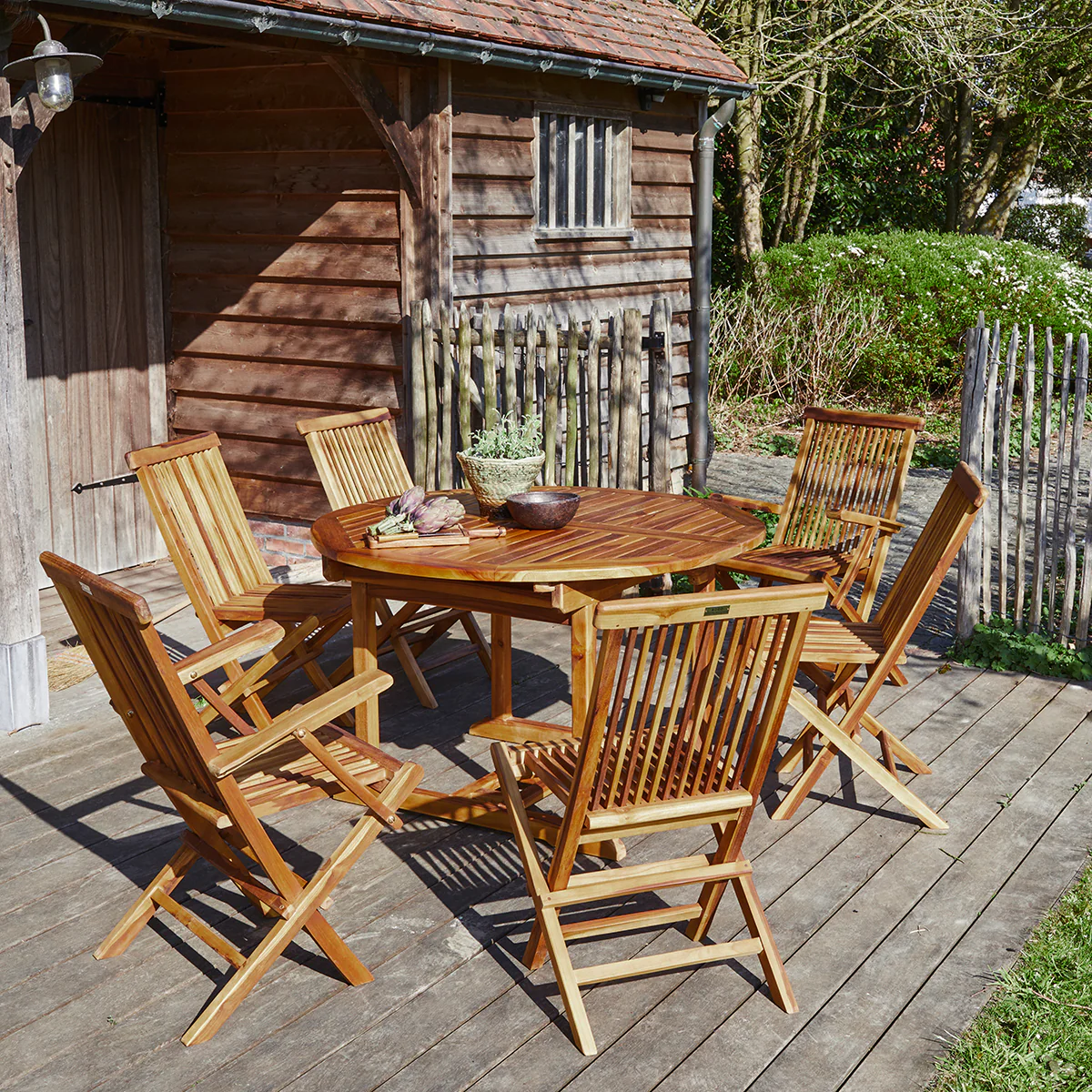 Set di mobili da giardino con tavolo allungabile in teak massello oliato 6/8 pers.