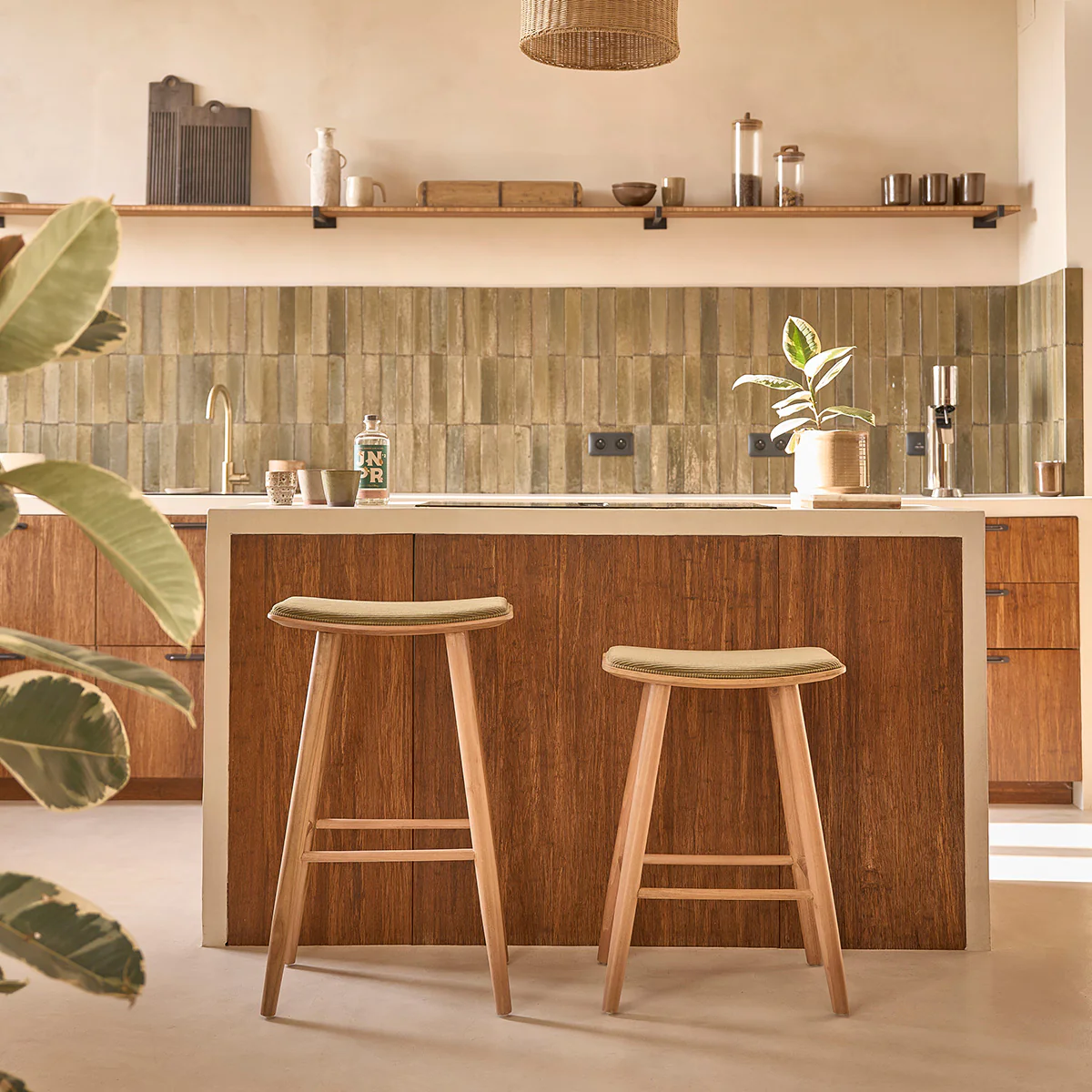 Sgabello da bar in teak massello con seduta in velluto a coste 65 cm - Image 5