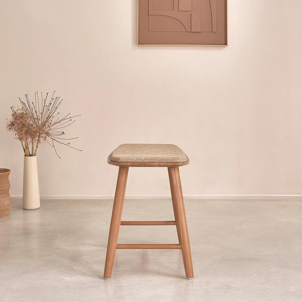 Sgabello da bar in teak massello e velluto écru 45 cm - Image 3