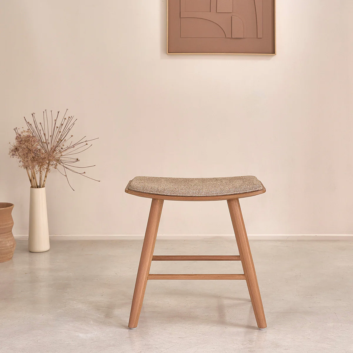 Sgabello da bar in teak massello e velluto écru 45 cm - Image 4