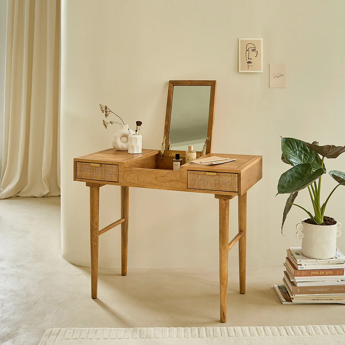 Tavolino da toilette in mango massello e midollino 90 cm - Image 3