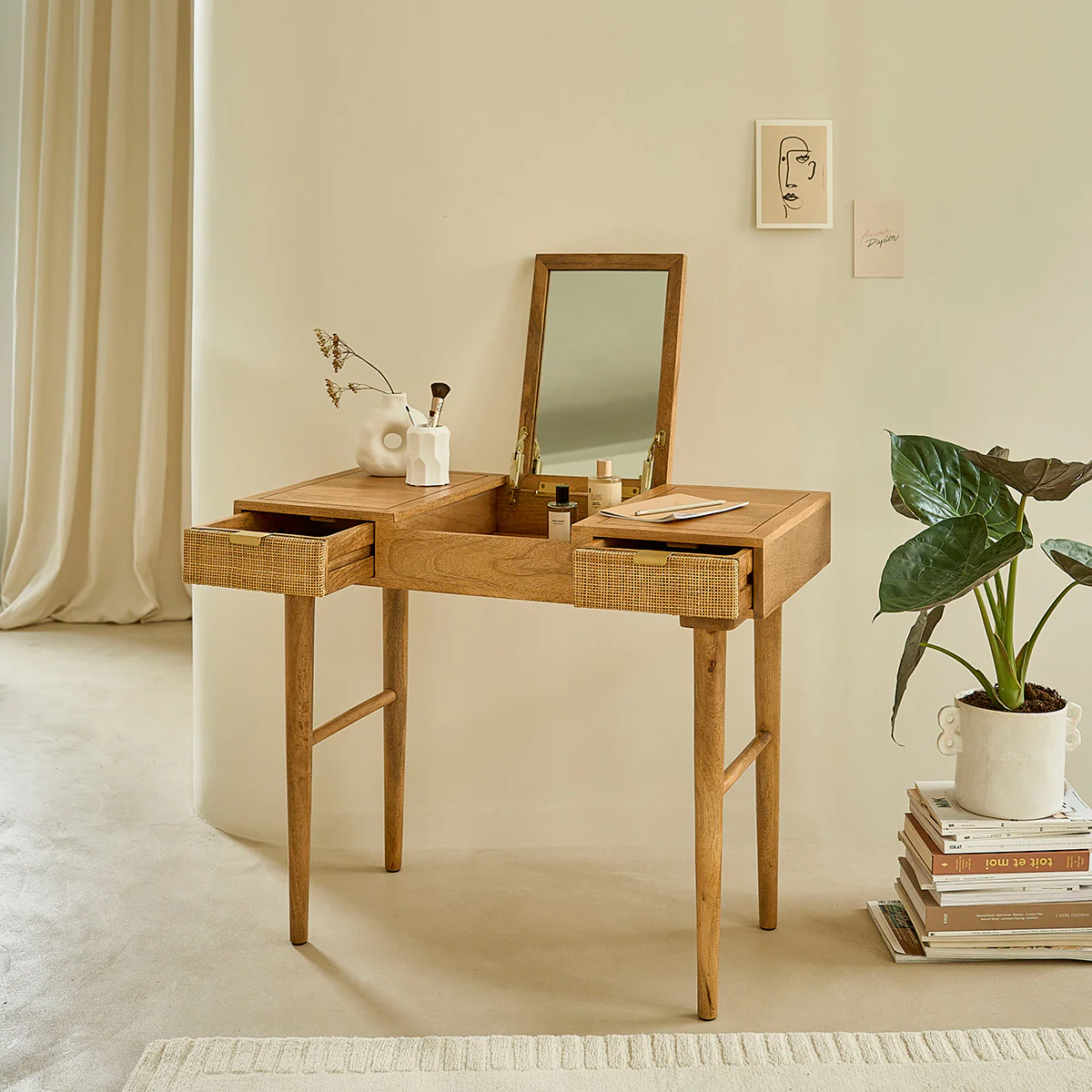 Tavolino da toilette in mango massello e midollino 90 cm - Image 4