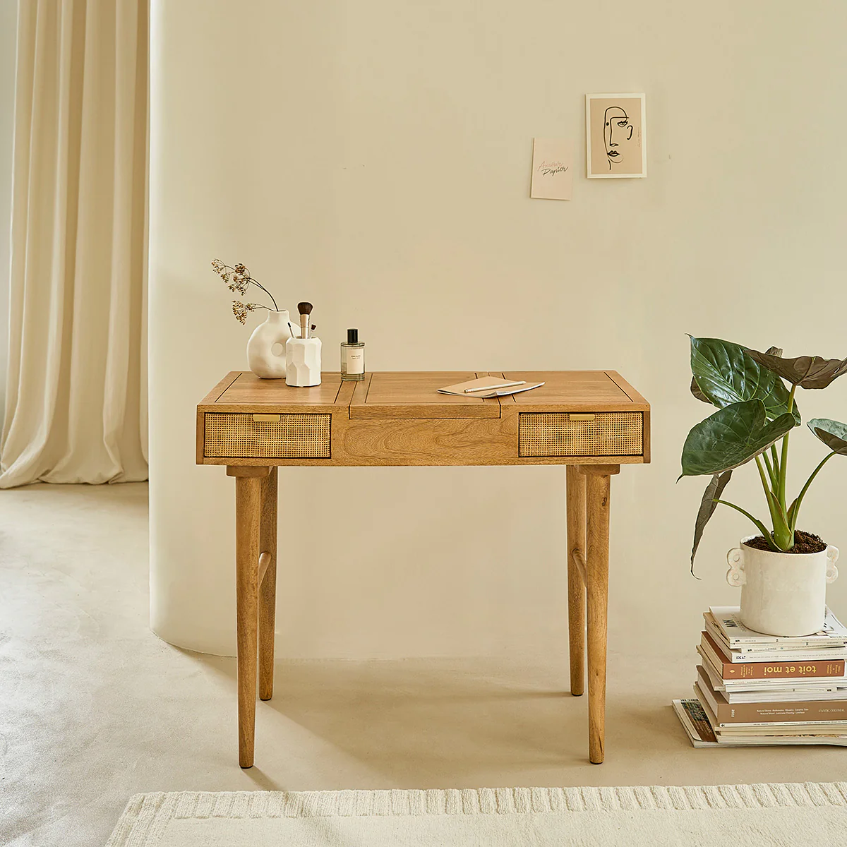 Tavolino da toilette in mango massello e midollino 90 cm - Image 7