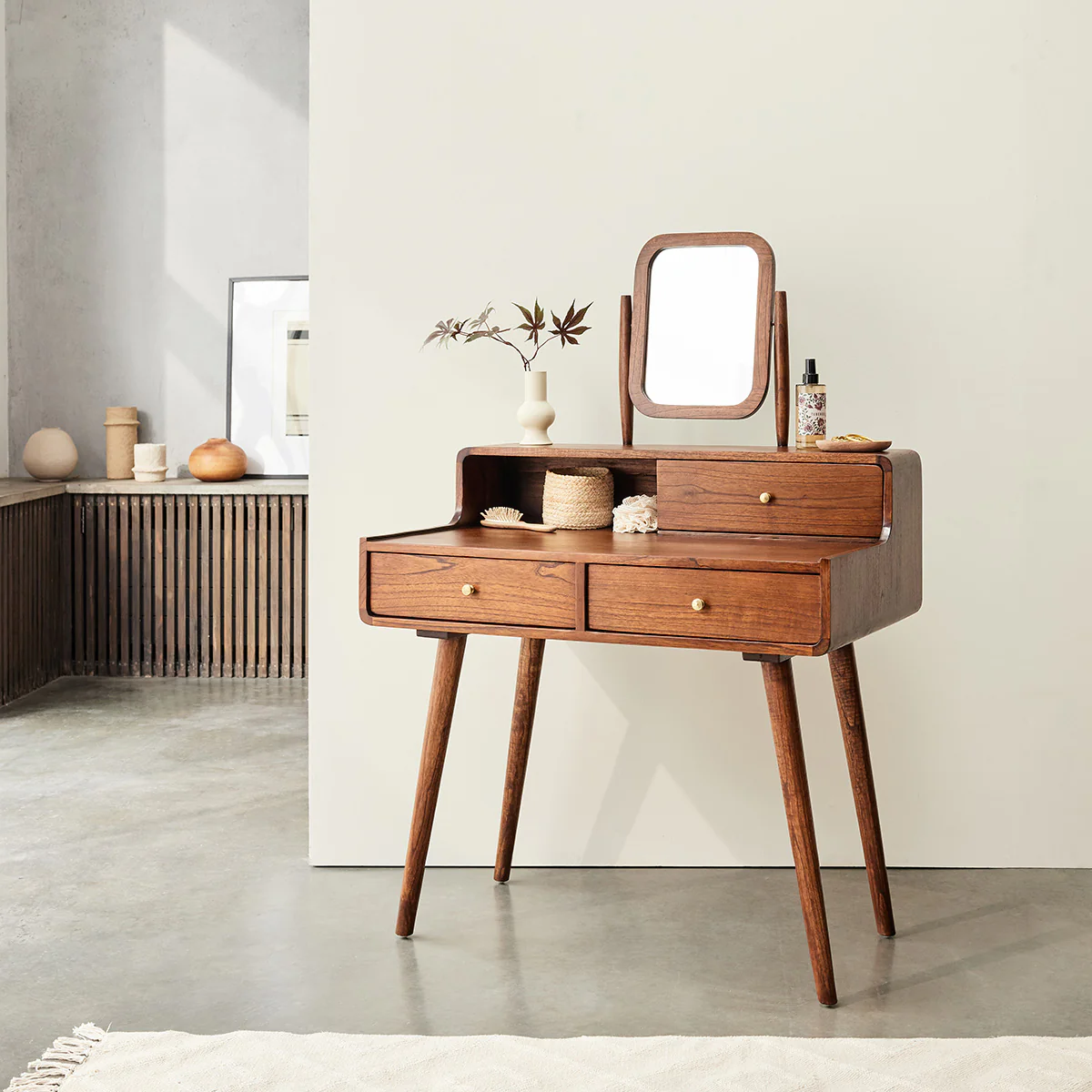 Tavolino da toilette scrivania in mindi massello con finitura in noce 90 cm - Image 4