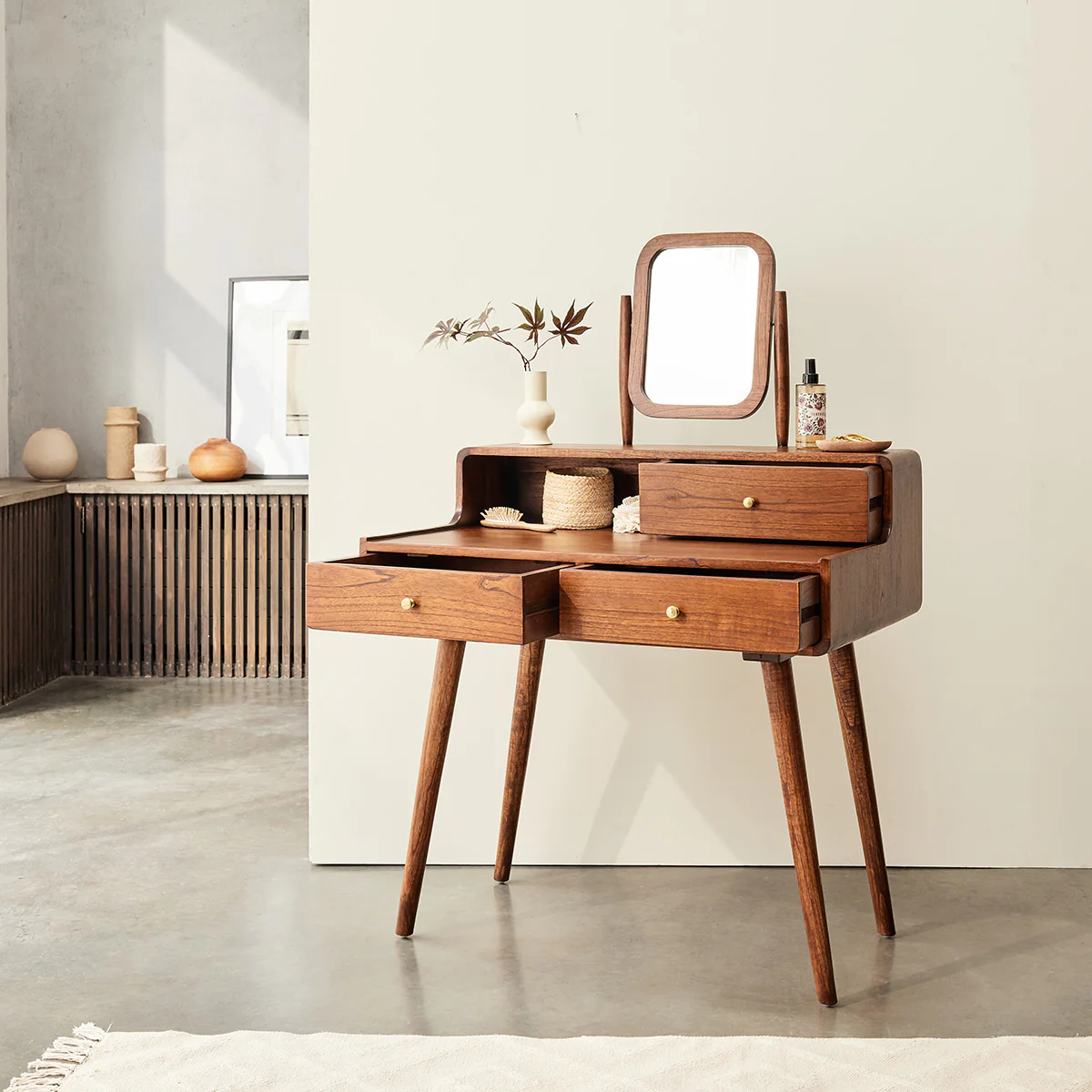 Tavolino da toilette scrivania in mindi massello con finitura in noce 90 cm - Image 5
